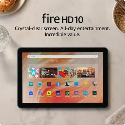 Showcases the Fire HD10 tablet as the core product with its screen displaying the home interface, emphasizing its entertainment capabilities, screen quality, and value proposition to potential…