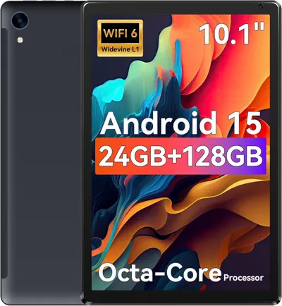 Shows the tablet from both front and back angles to give shoppers a complete view of the device design and display, while highlighting key technical specifications including screen size,…