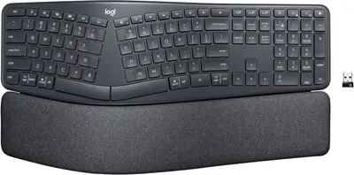 Displays the core product, a Logitech ergonomic keyboard with split layout and integrated wrist rest, to show shoppers exactly what they will receive.