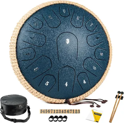 Shows the core product, a steel tongue drum with numbered tongues for easy playing, along with all included accessories like mallets, carrying case, finger picks, and instructional materials to…