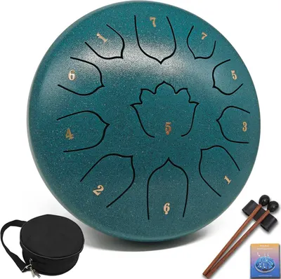 Displays the core product, a steel tongue drum with numbered tongues arranged in a lotus pattern, to show shoppers exactly what they will receive. Shows all included accessories that come with the…