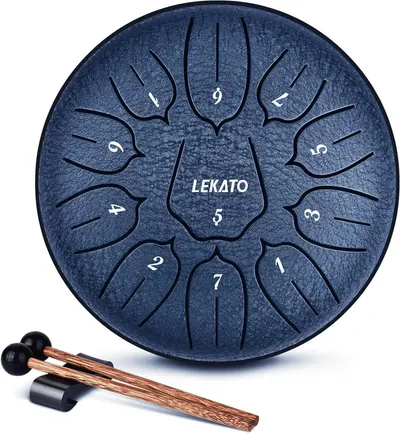 Shows the core product, a LEKATO steel tongue drum with numbered tongues and included mallets, clearly displaying its design and what the buyer receives. Demonstrates that the purchase includes two…