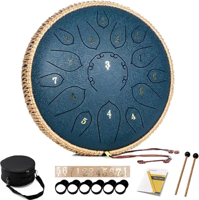 Shows the core product, a steel tongue drum with numbered tongues for musical notes, along with all included accessories to communicate the complete package the buyer will receive. Displays all…