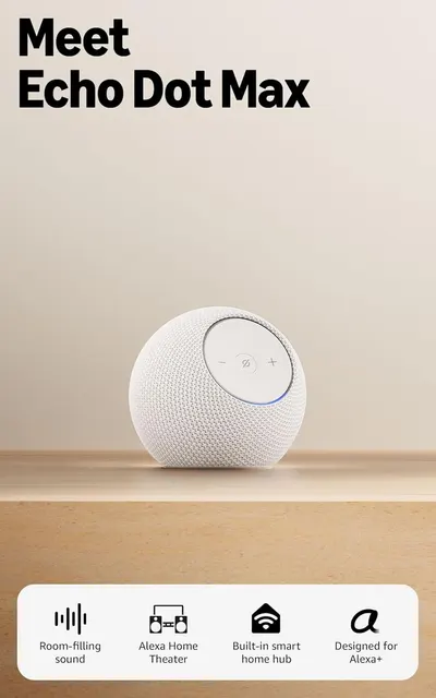 Introduces the Echo Dot Max smart speaker to shoppers, showcasing its spherical fabric design and control interface to communicate its modern aesthetic and ease of use. Places the Echo Dot Max in a…