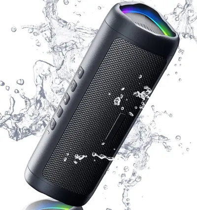 Showcases the portable Bluetooth speaker with waterproof capability and colorful LED lighting to communicate durability and visual appeal for outdoor or poolside use. Uses dramatic water splash…