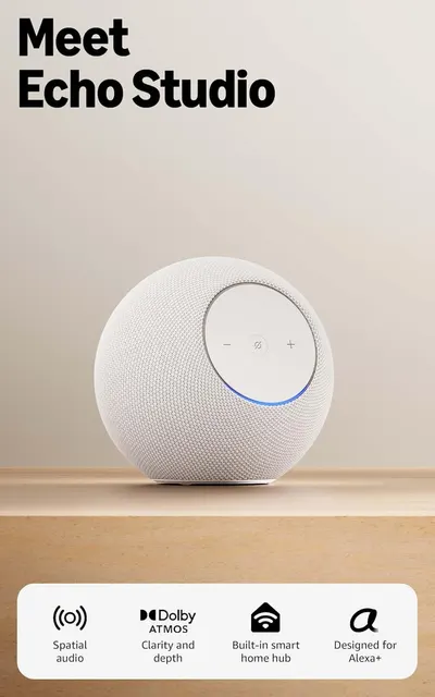 Introduces the Echo Studio smart speaker to shoppers, showcasing its spherical design and control interface to communicate its identity as a premium audio device. Highlights key product features…