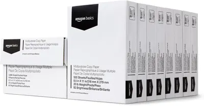 Shows the product packaging for Amazon Basics multipurpose copy paper in a bulk multi-pack format, communicating the quantity and value proposition to shoppers looking for office supplies. Displays…