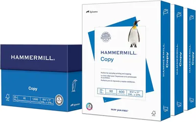 Shows the core product - Hammermill Copy paper - in both individual ream packaging and case box format to communicate what the buyer will receive. Displays the actual retail packaging including the…