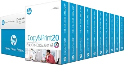 Shows the core product, a case containing 10 reams of HP Copy & Print 20 paper, clearly displaying the quantity and brand to help shoppers understand what they are purchasing. Displays the retail…