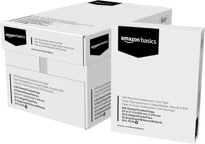 Shows the core sellable product, Amazon Basics multipurpose copy paper in retail packaging, clearly displaying the product specifications and branding to help shoppers identify what they are…