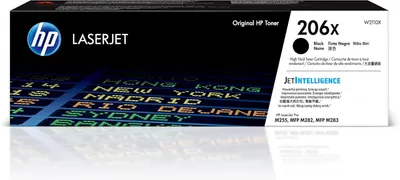 Shows the official HP toner cartridge in its retail packaging to communicate authenticity, compatibility, and product specifications to reassure buyers they are purchasing genuine HP supplies. Uses…