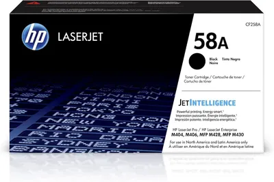 Displays the core sellable product, an HP 58A black toner cartridge in its retail packaging, clearly showing the brand, model number, and compatibility information to help shoppers identify the…