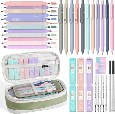Displays the complete pen product line with all included items (pens, refills, storage case) to show shoppers the full value and variety of the set they will receive. Showcases the wide range of…