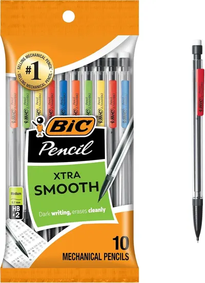 Displays the core product—a 10-pack of BIC mechanical pencils—clearly visible through the retail packaging, allowing shoppers to see the variety of colors and the product they will receive. Shows…