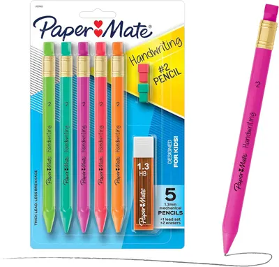 Shows the complete product set of 5 colorful mechanical pencils with lead refills and erasers, clearly displaying what the shopper will receive in the package. Displays the retail packaging with…