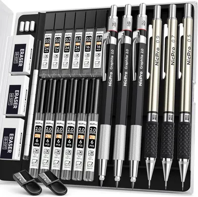 Displays a comprehensive drafting and writing set with mechanical pencils, lead refills, and erasers to show shoppers the complete kit they will receive and the variety of tools included. Shows all…