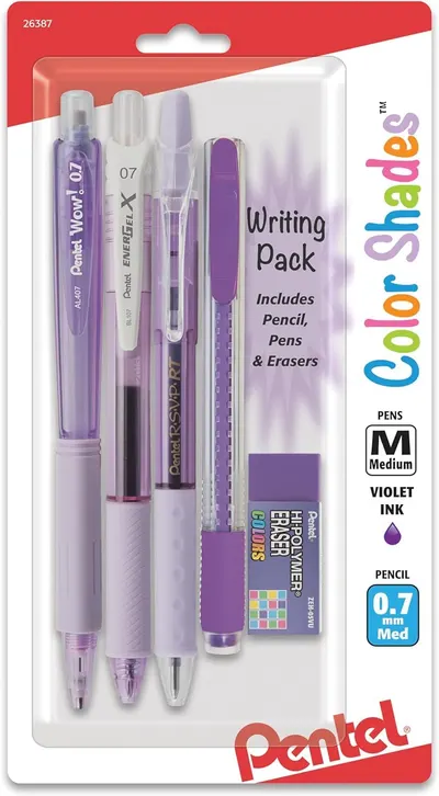 Shows the complete writing pack contents including pencil, pens, and erasers in violet color theme to communicate the variety and value of items included in the purchase. Displays the actual retail…