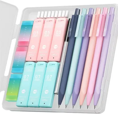 Shows the complete mechanical pencil set with matching lead refills in an organized storage case, communicating the variety of colors and comprehensive nature of the kit to appeal to students and…