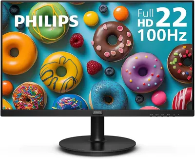 Displays the Philips monitor as the core product with key specifications prominently shown on screen to communicate its size, resolution, and performance capabilities to shoppers. Uses colorful…