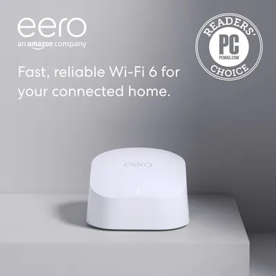 Showcases the eero Wi-Fi 6 router as a fast and reliable solution for connected homes, emphasizing its award-winning status with the PC Mag Readers Choice badge to build trust and credibility.…
