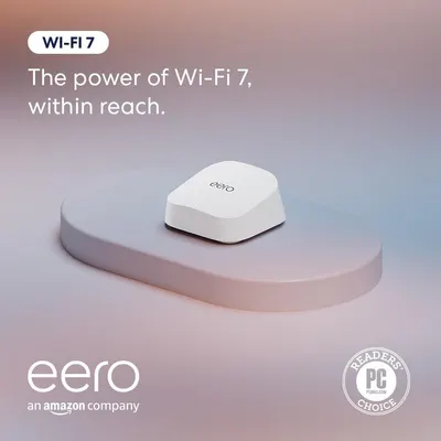 Showcases the eero Wi-Fi 7 router and communicates its advanced connectivity technology and extended range capability to reassure shoppers of superior wireless performance. Includes non-shipping…