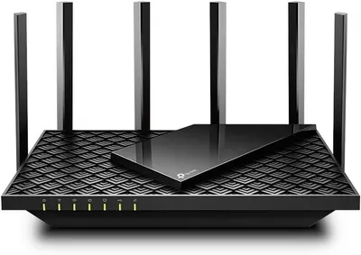Displays the core product clearly on a white background to show the router's design, six external antennas for enhanced coverage, and front LED status indicators.