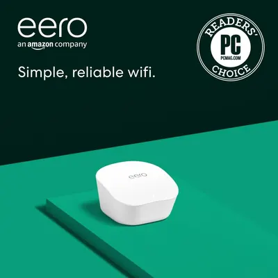 Showcases the eero wifi router as a clean, modern product while emphasizing its simplicity and reliability, reinforced by the PC Magazine Readers Choice award badge to build trust and credibility.…