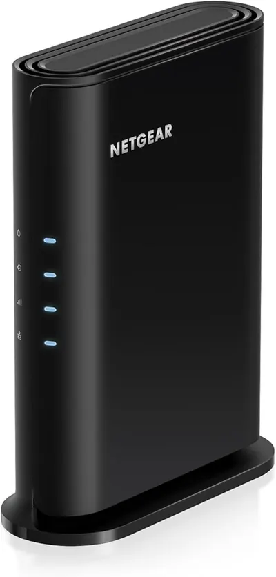 Displays the NETGEAR router in a clean catalog style to show its sleek vertical tower form factor and LED status lights, helping shoppers understand the physical appearance and design of the…