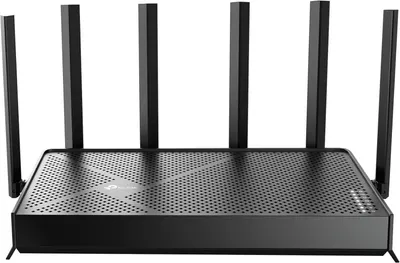 Displays the core product, a TP-Link router with six high-gain antennas, to communicate its advanced connectivity capabilities and sleek design to shoppers.