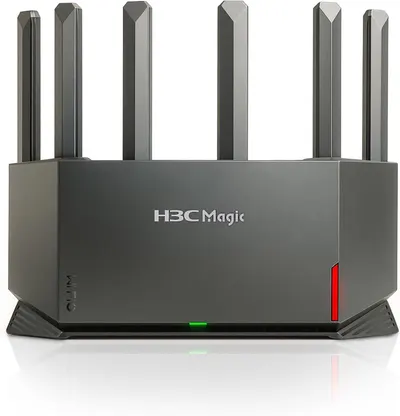 Displays the core product, an H3C Magic WiFi router with six external antennas, to communicate its powerful connectivity capabilities and premium design to shoppers. Uses a subtle reflection beneath…