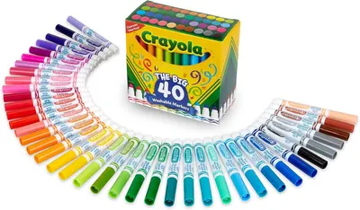 Shows the complete set of 40 washable markers in all available colors, demonstrating the variety and quantity included in the purchase to help shoppers understand the full value of the product.…