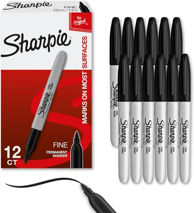 Shows the complete product offering—both the retail packaging and the full set of 12 Sharpie markers—to communicate quantity, brand, and product type clearly to the shopper. Displays the physical…