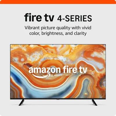 Showcases the Fire TV 4-Series television with emphasis on its vivid color, brightness, and clarity to communicate the core visual performance benefit to shoppers. Uses a soft drop shadow and light…
