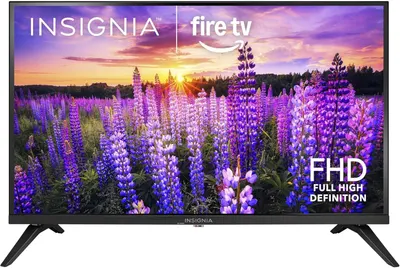 Shows the Insignia Fire TV television as the core product with a vibrant display showcasing its Full High Definition screen quality and Fire TV smart platform integration. Displays key branding…
