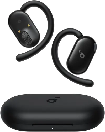Displays the core product—a pair of wireless earbuds with secure-fit ear hooks and their charging case—to show shoppers exactly what they will receive. Shows the included charging case to reassure…
