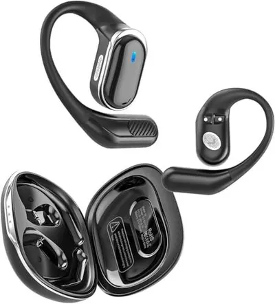 Shows the complete product offering including the pair of wireless earbuds and their charging case, allowing shoppers to see the design, form factor, and what's included in the package. Displays all…