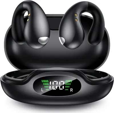 Displays the wireless earbuds and their charging case with battery indicator to show the complete product package and key features like battery monitoring. Uses subtle drop shadows and a gradient…