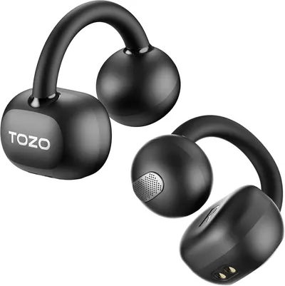 Displays the core product clearly on a white background to show the design, form factor, and branding of the wireless earbuds with secure-fit ear hooks.