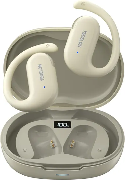 Shows the core product - wireless sport earbuds with secure ear hooks and their charging case featuring a digital battery percentage display, communicating the complete package the buyer receives.…