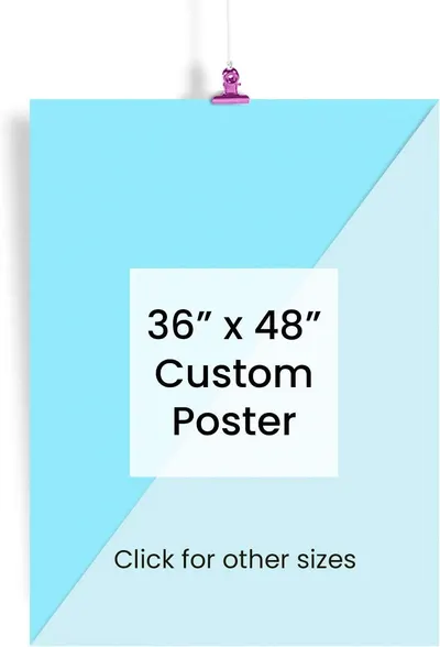 Displays the core product, a custom poster, showing the available size option and communicating that shoppers can select different dimensions for their needs. Indicates that multiple size options…