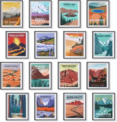 Shows the shopper the variety of different national park poster designs available to choose from, allowing them to select their preferred park or style.