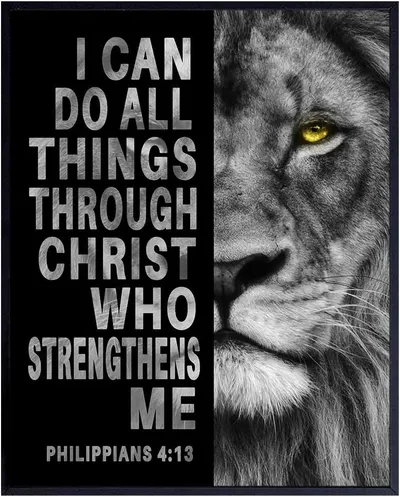 Uses a black background to create dramatic visual impact and emphasize the strength and power symbolism of the lion imagery paired with the inspirational message. Combines motivational religious…
