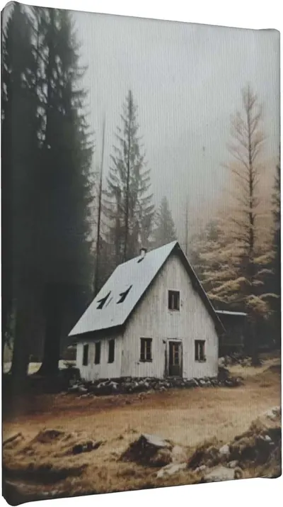 Displays the core product, a canvas print featuring a moody forest cabin scene, to show shoppers the visual aesthetic and subject matter they will receive.