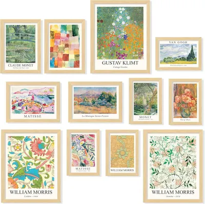 Displays the core sellable product—a collection of framed art prints featuring famous artworks by Monet, Van Gogh, Klimt, Matisse, and William Morris—allowing shoppers to see the variety and style…