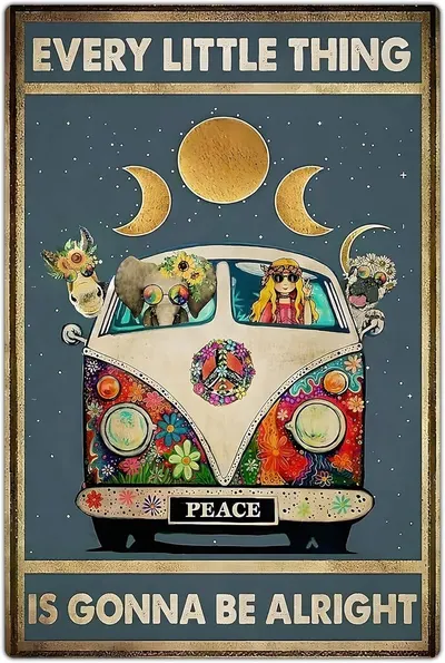 Displays the framed poster as the core product with its complete design, including the hippie van, moon phases, and motivational text to show shoppers exactly what they will receive.