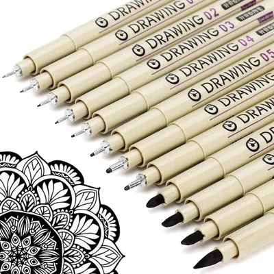 Shows the core product set of drawing pens with different tip sizes clearly labeled and numbered, allowing shoppers to see the variety included in the set and understand the range of line widths…
