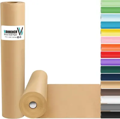 Shows the core product (brown kraft paper roll) in multiple forms (standing roll, small roll, and flat sheet) to communicate the product format and versatility, while displaying available color…