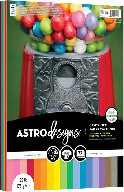 Shows the physical retail package the buyer will receive, communicating the brand, product type (cardstock), quantity (72 sheets), and color variety (18 colors) to help shoppers understand exactly…