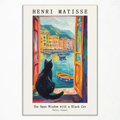 Displays the core sellable product, an art print poster featuring a colorful painting of a cat looking out a window at a Mediterranean harbor scene, clearly showing what the buyer will receive.