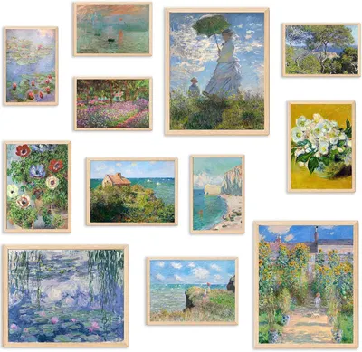 Displays a gallery of different famous impressionist painting reproductions available for selection, showing shoppers the variety of artwork options they can choose from.